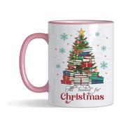 Getagift All Booked for Christmas, Book Christmas Tree, Holiday Bookish Reader, X-mas Tree, 11oz Coloured Rim Ceramic Coffee Cup. (Pink Rim)