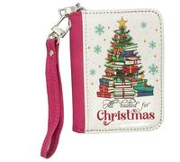 Getagift All Booked for Christmas, Book Christmas Tree, Holiday Bookish Reader, X-mas Tree, Women's Small Leather Zip-Around Wallet, Credit Card Slots, Coin Purse, Pink.
