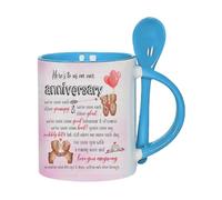 Getagift Anniversary Mug for Couple - “Here’s to Us on Our Anniversary” Cute Romantic Coffee Mug, Funny Love Gift for Husband or Wife - 11oz Inside Colour with Spoon Ceramic Coffee Mug. (Blue)