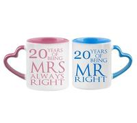 Getagift China Anniversary 20 Years of Being Mr Right & Mrs Always Right Set of 2 Wedding, Valentines Day, Pink and Blue Heart Handle Couple Mug Set. (20 Years)