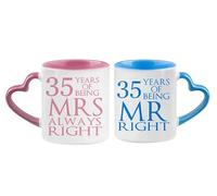 Getagift Coral Mr Right & Mrs Always Right Set of 2 Wedding Anniversary, Valentines Day, Pink and Blue Heart Handle Couple Mug Set. (35 Years)