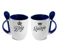 Getagift Couples Theme Coffee Mug Set The King The Queen Valentines Day, Birthday, Wedding, Anniversary, Him-Her Unique Ceramic Inside Coloured with Spoon Coffee Mug. (Blue)