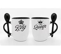 Getagift Couples Theme Coffee Mug Set The King The Queen Valentines Day, Birthday, Wedding, Anniversary, Him-Her Unique Ceramic Inside Coloured with Spoon Coffee Mug. (Black)