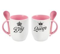 Getagift Couples Theme Coffee Mug Set The King The Queen Valentines Day, Birthday, Wedding, Anniversary, Him-Her Unique Ceramic Inside Coloured with Spoon Coffee Mug. (Pink)