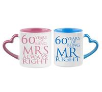 Getagift Diamond Mr Right & Mrs Always Right Set of 2 Wedding Anniversary, Valentines Day, Pink and Blue Heart Handle Couple Mug Set. (60 Years)
