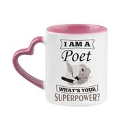 Getagift I Am A Poet What's Your Superpower?, Poetry Lover Gift, Heart Handle Coffee, Tea Mug. (Pink)