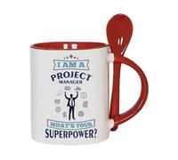 Getagift I Am A Project Manager. What’s Your Superpower? 11oz Inside Colour with Spoon Ceramic Coffee Cup, Tea Mug, Hot Chocolate Cup. (Red)