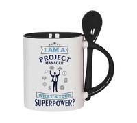 Getagift I Am A Project Manager. What’s Your Superpower? 11oz Inside Colour with Spoon Ceramic Coffee Cup, Tea Mug, Hot Chocolate Cup. (Black)