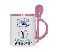 Getagift I Am A Project Manager. What’s Your Superpower? 11oz Inside Colour with Spoon Ceramic Coffee Cup, Tea Mug, Hot Chocolate Cup. (Pink)