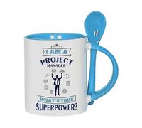 Getagift I Am A Project Manager. What’s Your Superpower? 11oz Inside Colour with Spoon Ceramic Coffee Cup, Tea Mug, Hot Chocolate Cup. (Blue)