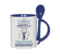 Getagift I Am A Project Manager. What’s Your Superpower? 11oz Inside Colour with Spoon Ceramic Coffee Cup, Tea Mug, Hot Chocolate Cup. (Navy Blue)