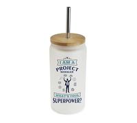 Getagift I Am A Project Manager. What’s Your Superpower? Frosted Glass Tumbler 18 OZ with Bamboo Lid & Silver Straw.