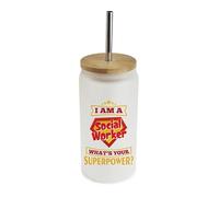 Getagift I Am a Social Worker - What’s Your Superpower? | Funny Social Work Appreciation Gift, Frosted Glass Tumbler 18 OZ with Bamboo Lid & Silver Straw.