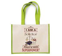 Getagift I Am A Solicitor. What's Your Superpower, Gift for a Lawyer, Reusable Shopper Jute Bag, Shopping Bag. (Apple Green)