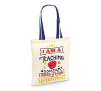 Getagift I Am a Teaching Assistant Whats Your Superpower?, Best Teacher Gift, Reusable Bag, Shopping Bag, Tote Bag. (French Navy Handle)