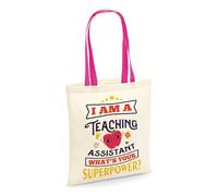Getagift I Am a Teaching Assistant Whats Your Superpower?, Best Teacher Gift, Reusable Bag, Shopping Bag, Tote Bag. (Fuchsia Handle)