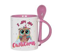 Getagift I am an Owlicorn, Magical Owl Unicorn Gift Idea for Girls, Women, Bestie, Animal & Fantasy Lovers, Mug with Spoon - Colour Inside Coffee Cup. (Pink)