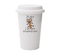 Getagift Its Fine I'm Fine Everything is fine cat Joke Dual Wall Eco Insulated White Ceramic Travel Mug with White Lid.