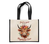 Getagift Just a Girl Who Loves Highland Cow, Floral Country Cow Gift for Her and Animal Lovers, Eco-Friendly Reusable Shopper Jute Bag, Shopping Bag. (Black)