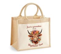 Getagift Just A Grandma Who Loves Highland Cows Jute Shopper Bag | Novelty Animal Lover Tote Bag | Grandmother Gift Present | Natural Jute Pocket Shopping Bag