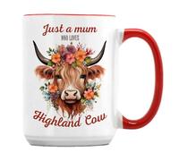 Getagift Just A Mum Who Loves Highland Cow, Mother’s Day Gift for Mum, 15oz Coffee Mug. (Red Inside)