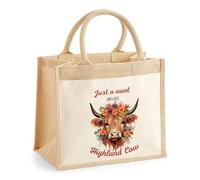 Getagift Just An Aunt Who Loves Highland Cows Jute Shopper Bag | Novelty Animal Lover Tote Bag | Birthday Gift For Auntie | Natural Jute Pocket Shopping Bag