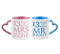 Getagift Lace Anniversary, 13 Years of Bring Mr Right & Mrs Always Right Set of 2 Wedding Valentines Day, Pink and Blue Heart Handle Couple Mug Set. (13 Years)