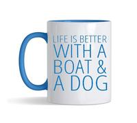 Getagift Life is Better with a Boat a Dog Coffee Mugs for Men Women Birthday Presents Motivational Mug Cup Funny Ceramic Cup 11oz Mugs Gifts (Blue Inside and Handle)
