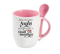 Getagift Mothers Day, Only The Best Aunt gets Promoted to Godmother Birthday, Christmas God Mom Unique Ceramic Inside Coloured with Spoon Coffee Mug. (Pink)