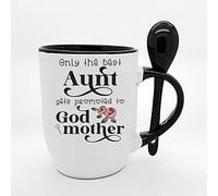 Getagift Mothers Day, Only The Best Aunt gets Promoted to Godmother Birthday, Christmas God Mom Unique Ceramic Inside Coloured with Spoon Coffee Mug. (Black)