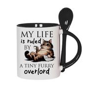 Getagift My Life is Ruled by A Tiny Furry Overlord | Kitten Lover Humour Gift for Cat Mum or Dad, Pet Parent, Animal Lover, 11oz Inside Colour with Spoon Ceramic Coffee Mug. (Black)