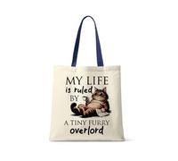 Getagift My Life Is Ruled by A Tiny Furry Overlord | Kitten Lover Humour Gift for Cat Mum, Pet Parent, Animal Lover, Reusable Shopping Bag, Tote Bag. (French Navy Handle)