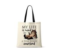 Getagift My Life Is Ruled by A Tiny Furry Overlord | Kitten Lover Humour Gift for Cat Mum, Pet Parent, Animal Lover, Reusable Shopping Bag, Tote Bag. (Black Handle)