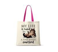 Getagift My Life Is Ruled by A Tiny Furry Overlord | Kitten Lover Humour Gift for Cat Mum, Pet Parent, Animal Lover, Reusable Shopping Bag, Tote Bag. (Fuchsia Handle)
