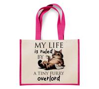 Getagift My Life Is Ruled by A Tiny Furry Overlord | Kitten Lover Humour Gift for Cat Mum, Pet Parent, Animal Lover, Reusable Shopper Jute Bag, Shopping Bag. (Pink)