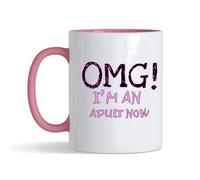 Getagift OMG! I'm an Adult Now, 21st Gift, 18th Gift, Funny Coffee for Him, for Her, Coloured Inside Coloured Handle Coffee, Tea Mug. (Pink)