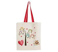 Getagift Owl Hearts Teachers Day Themed Funny Tote Bag-Cotton Shopping Bag. (Red Handle)