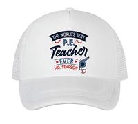 Getagift P.E. Teacher Gift, Personalised The Worlds Best P.E. Teacher Gift, Adjustable Mesh Cap, Baseball Cap, Hat. (White)