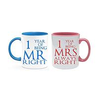 Getagift Paper Anniversary 1 Year of Being Mr Right & Mrs Always Right Set of 2 Wedding Anniversary, Valentines Day, Coloured Couple Mug Set. (1 Year)