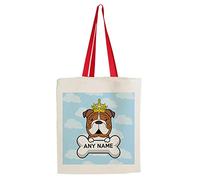 Getagift Personalised Any Name/Text Bulldog Dog/Pet Themed Tote Bag-Cotton Shopping Bag. Gift For Christmas, Birthday Present, Gift Idea (Red Handle)