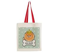 Getagift Personalised Any Name/Text Pomeranian Dog/Pet Themed Tote Bag-Cotton Shopping Bag. Gift For Christmas, Birthday Present, Gift Idea (Red Handle)