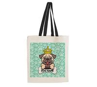 Getagift Personalised Any Name/Text Pug Dog/Pet Themed Tote Bag-Cotton Shopping Bag. Gift For Christmas, Birthday Present, Gift Idea (Black Handle)