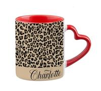 Getagift Personalised Cheetah Print Mug Custom Name, Leopard Print, Animal Print, Heart Handle Coffee, Tea Mug. (Red)