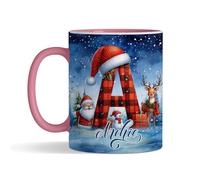 Getagift Personalised Christmas Alphabet Letter, Initial with Name, Xmas, Secret Santa Alphabet, Inside Coloured Coffee, Tea Mug. (Pink)