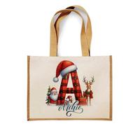 Getagift Personalised Christmas Alphabet Letter, Initial with Name, Xmas, Secret Santa Alphabet, Jute Bag, Shopping Bag. (Natural)