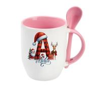 Getagift Personalised Christmas Alphabet Letter, Initial with Name, Xmas, Secret Santa Alphabet, Spoon Coffee, Tea Mug. (Pink)