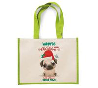 Getagift Personalised Christmas Dog Gift Custom Name Cute Pug Santa Paws Pet Lover Present Reusable Shopper Jute Bag, Shopping Bag.
