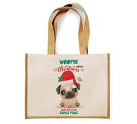 Getagift Personalised Christmas Dog Gift Custom Name Cute Pug Santa Paws Pet Lover Present Reusable Shopper Jute Bag, Shopping Bag.