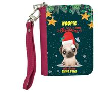 Getagift Personalised Christmas Dog Gift Custom Name Cute Pug Santa Paws Pet Lover Present Women's Small Leather Zip-Around Wallet, Credit Card Slots, Coin Purse, Pink.
