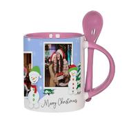 Getagift Personalised Christmas Family Name Mug | Custom Photo Mug with Snowman | Xmas Gift for Family, Friends & Loved Ones, 11oz Inside Colour with Spoon Ceramic Coffee Mug. (Pink)